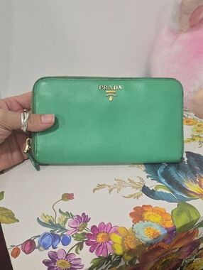 Prada RARE Emerald Green Zip-Around Saffiano Wallet with Gold Logo